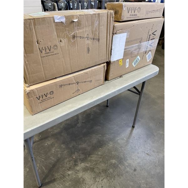 LOT OF VIVO MOUNTS  -  2 DUAL MONITOR, TRIPLE MONITOR, AND PC MOUNT