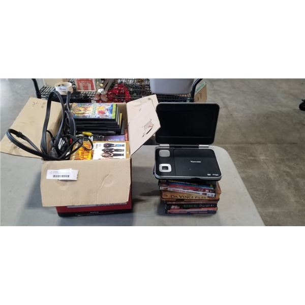 BOX OF DVDS, PORTABLE PLAYER, AND TOWER SPEAKER
