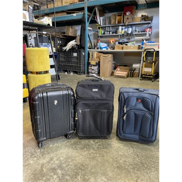 3 CARRY ON SUITCASES, ONE IS SWISS AND ONE IS HARD SIDE