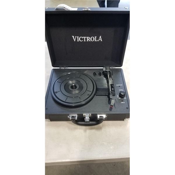 VICTROLA SUITCASE RECORD PLAYER, BLACK WITH POWER ADAPTOR, RETAIL $100