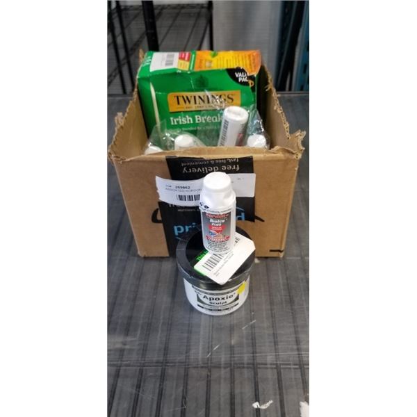 ASSORTED KORDON RIDICH PLUS FISH TANK TREATMENTS, APOXIE MODELING COMPOUND, AND TWINNINGS TEA