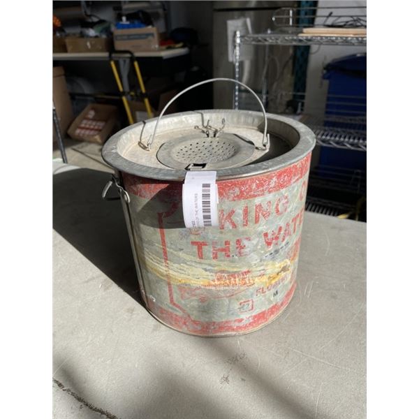 ANTIQUE KING OF THE WATERS GLAVANIZED BAIT AND FISH BUCKET