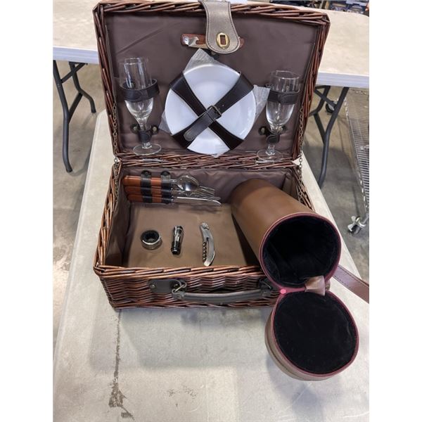 NEW 2 PERSON PICNIC BASKET TRAVEL SET AND NEW LEATHER WINE CYLINDER