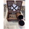 Image 1 : NEW 2 PERSON PICNIC BASKET TRAVEL SET AND NEW LEATHER WINE CYLINDER