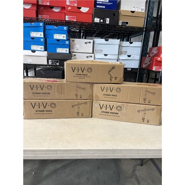 2 NEW VIVO DUAL MONITOR DESK MOUNTS, 2 SINGLE MONITOR DESK MOUNTS AND SINGLE MOINTOR MECHANICAL ARM 