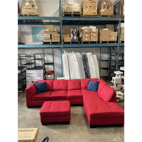 RED FABRIC 2 PC SECTIONAL WITH PULL OUT BED, AND OTTOMAN, VERY CLEAN GOOD CONDITION