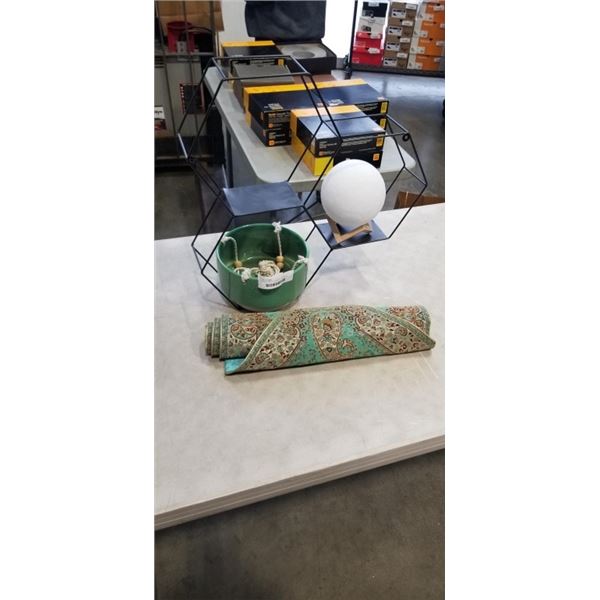 HONEYCOMB STYLE SHELF, DECORATIVE BALL ON STAND AND HANGING PLANTER, AND BLUE TABLE RUNNER FROM IRAN
