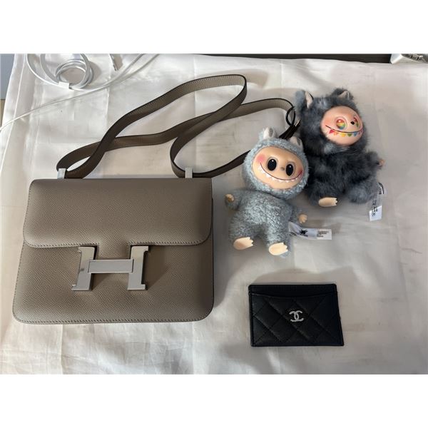 "H" PURSE WITH 2 LABUBUS AND CHANEL CARD HOLDER, ALL UNAUTHENTICATED