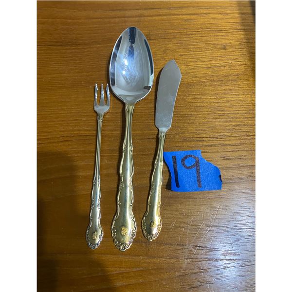 Set of Gold Plated serving silverware - gold nuggets soldered on the ends of each piece
