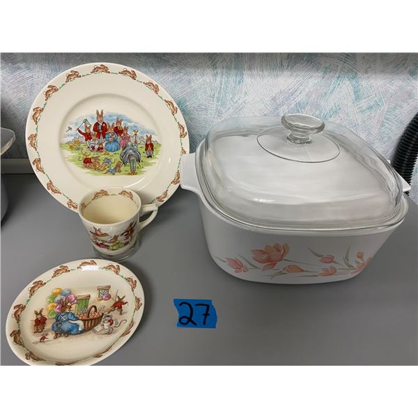 Set of Roy Doulton Bunnykins dishes, and casserole dish with lid
