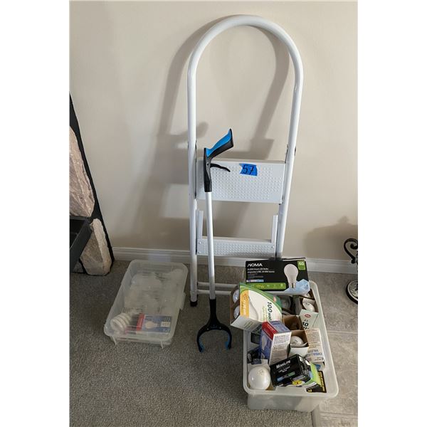 Assorted household items including stepping ladder, and large bin of light bulbs and more