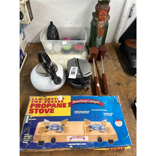 Portable LP Stove, Shakers, Teapot, Carved Bottle Storage