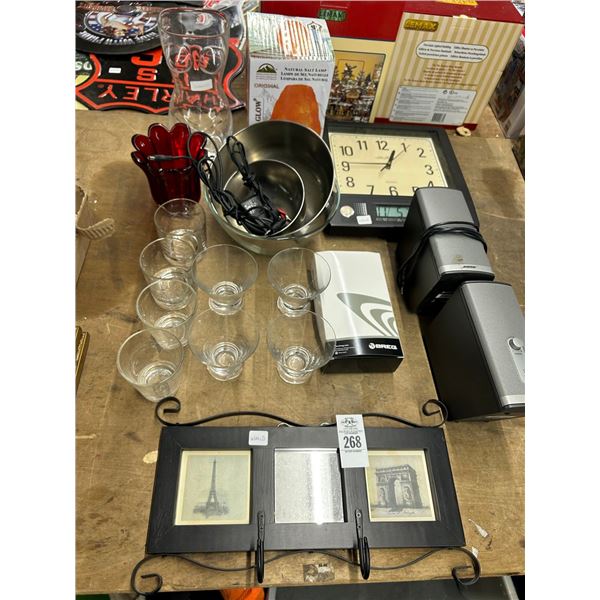 Bose Speakers, Lava Lamp, Wall Clock, Glassware, Mixing Bowls