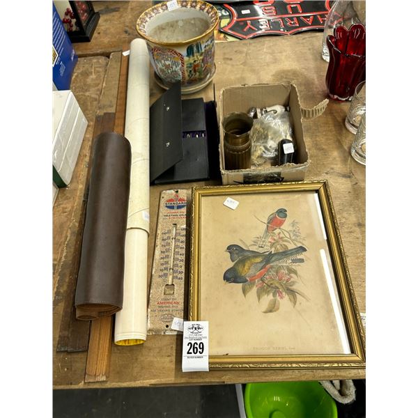 Oriental Vase/Wall Art, Standard Oil Thermometer, Protractor Set, Old Rulers