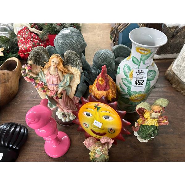 Cast Cherubs, Tin Sun, Rooster Vase, Figurines