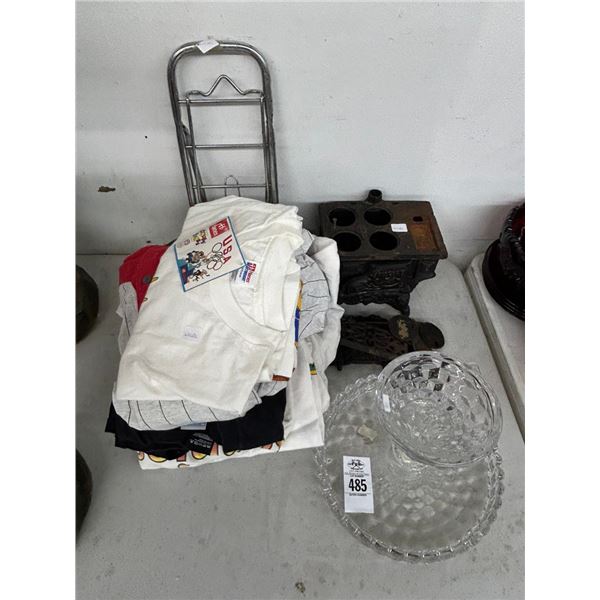 Salesman Sample Cast Stove, Asst. Collector T-Shirts, Bike/Luggage Rack, Cake Stand