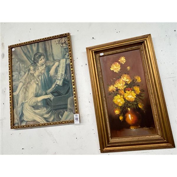 Framed Oil On Canvas Floral Still Life, Piano Lessons