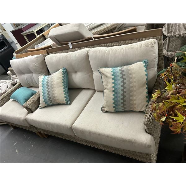 Wicker w/Wood Trim Beige Padded Sofa/Loveseat/Easy Chair/Swivel Rocker Set w/Covers