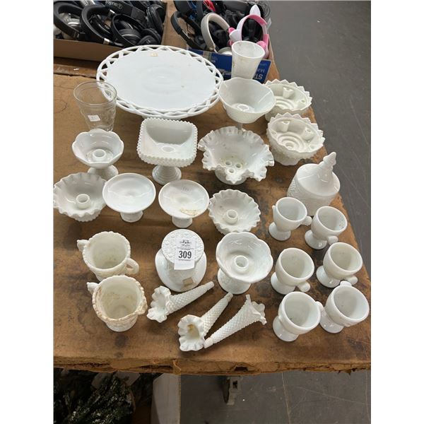 Asst. Milk Glass, Dishes, Bowls, Candlesticks, Goblets, More