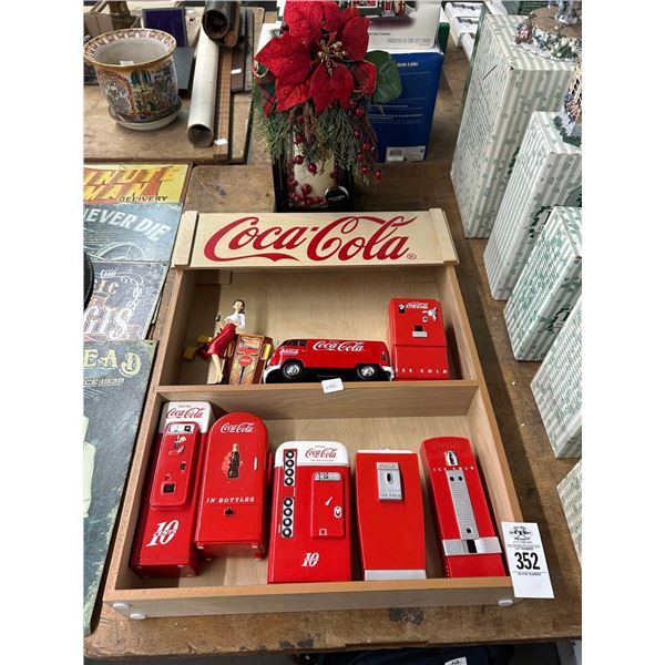 Coca Cola Display Shelf w/Die Cast Van, Vendor Machine, Holiday Candle Lantern