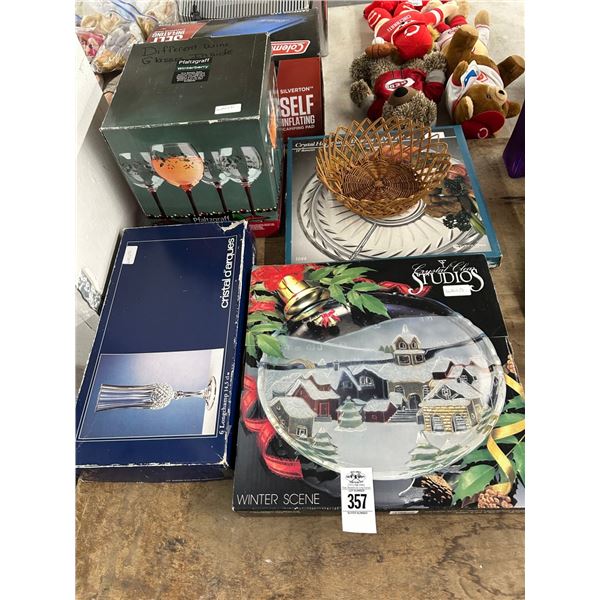 Ornate Serving Trays, Stemware, Basket