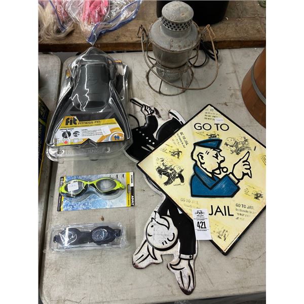 Swim Fins, Goggles, Lantern, Wall Tins