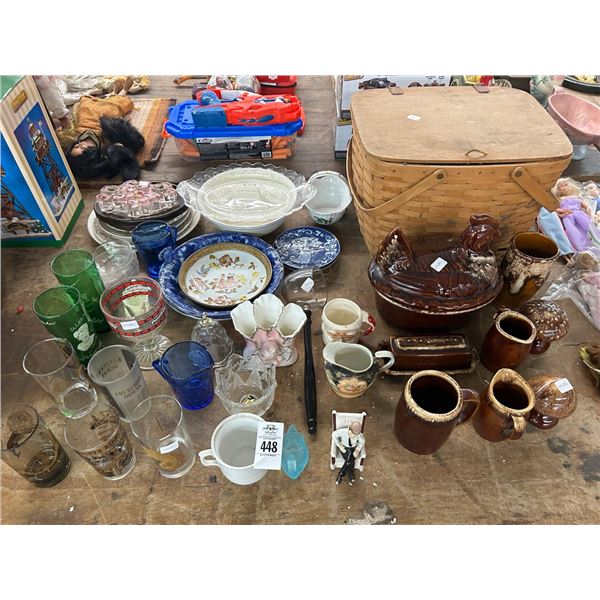 Picnic Basket, Hen Lidded Pot Souvenir Glassware, Dishes, Décor