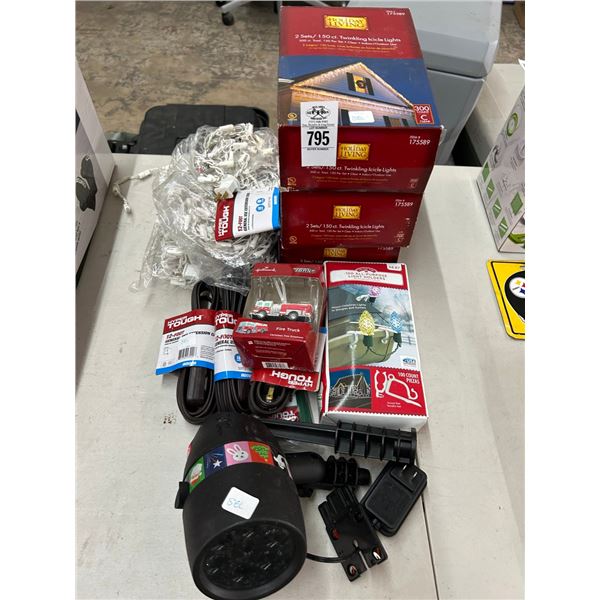 Icicle Lights, Ext. Cords, Holiday Projector, Gutter Light Holder