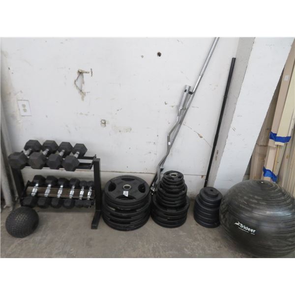 Plate Weights/Bars/Medi Ball/Dumbell Set w/Rack