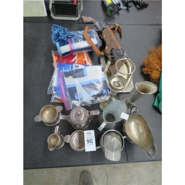 Silverplate Serving Items, Team Flags, Toy Guns w/Holsters
