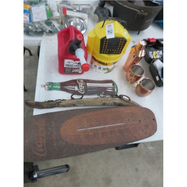 Bait Bucket, Gas Can, Copper Cups, Vintage Coca Cola Thermometers