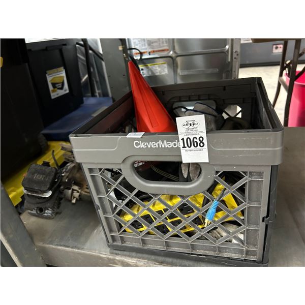 Crate w/Safety Cones, Gloves, Multi Outlets, Gas Engine Parts