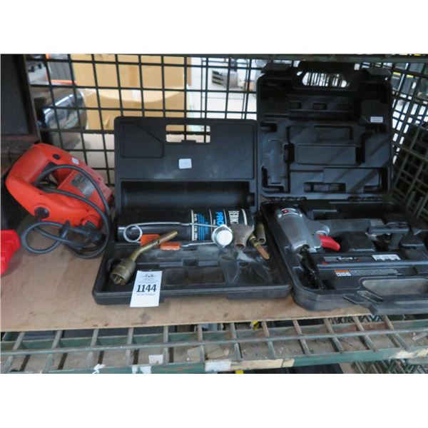 Toolbox w/Tools, Hole Saws, Electric Jigsaw, Torch, Air Brad Nailer