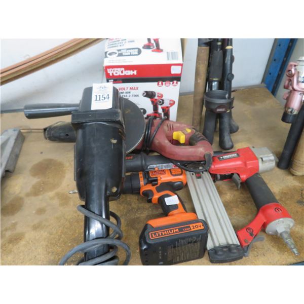 Ramset Stud Gun, Chicago Sawzall, Husky Air Brad Nailer, B&D Cordless Drill, Buffer, HT Cordless Dri