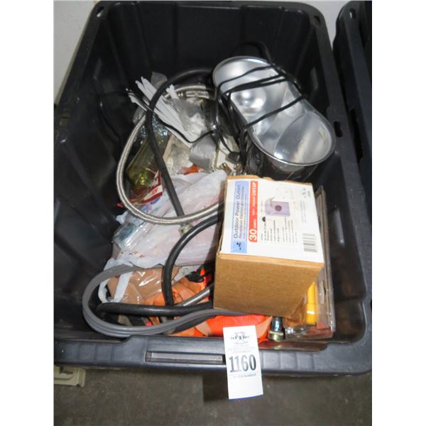Lidded Tub w/Outdoor Power Outlet, Light Fixture, Plumbing Supplies, Asst. Hardware
