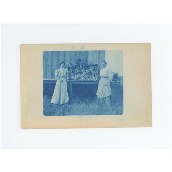 Hutterite Women with Baskets Cyanotype Postcard