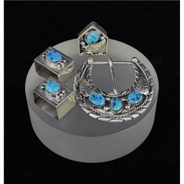 Navajo Sterling Turquoise Belt Buckle Ranger Set