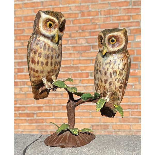 Folk Art Carved Wood Perched Owls