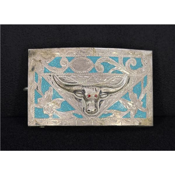 Sterling Turquoise Inlaid Cowboy Belt Buckle