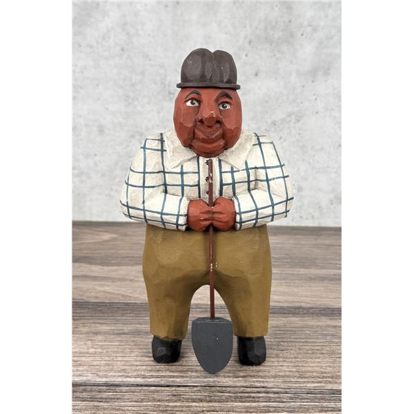 Larry Koosed Folk Art Carved Wood Man with Shovel