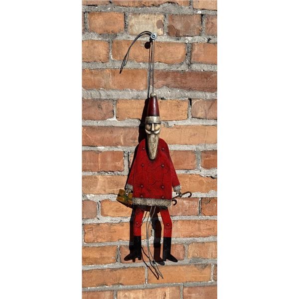Folk Art Metal Jumping Santa Pull String Toy