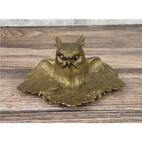 Judd Bronze Arts & Crafts Owl Inkwell Pen Tray