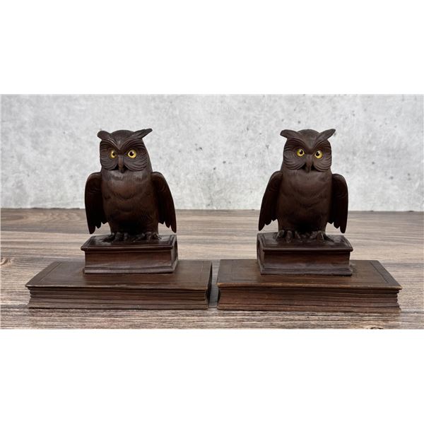 Black Forest German Carved Wood Owl Bookends