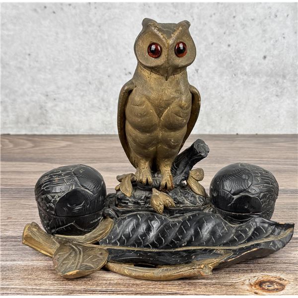 Black Forest German Carved Owl Inkwell Pen Stand
