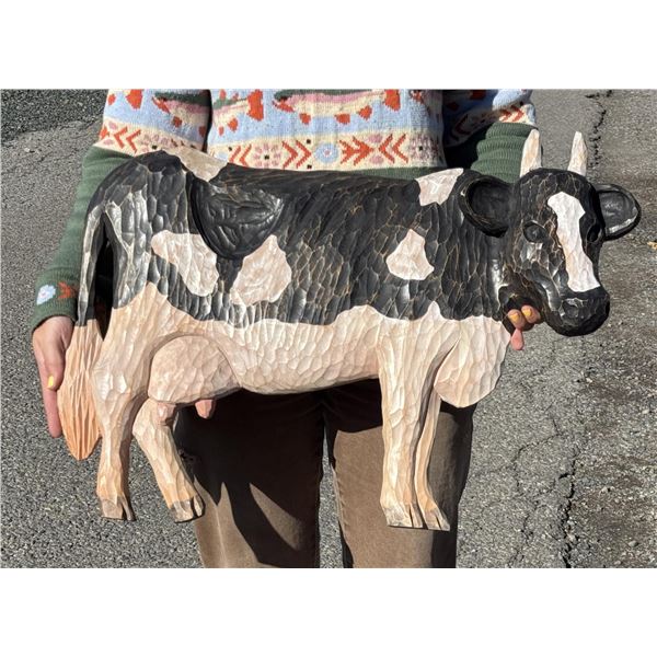 Signed Folk Art Holstein Bull Wood Cow Carving