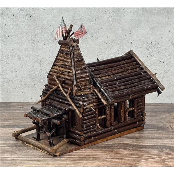 Antique Tramp Folk Art Willow Log Cabin House