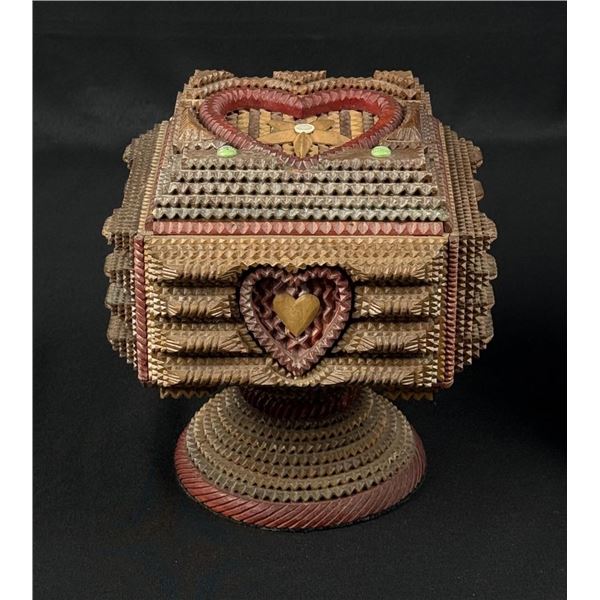 Outstanding Folk Tramp Art Heart Jewelry Box