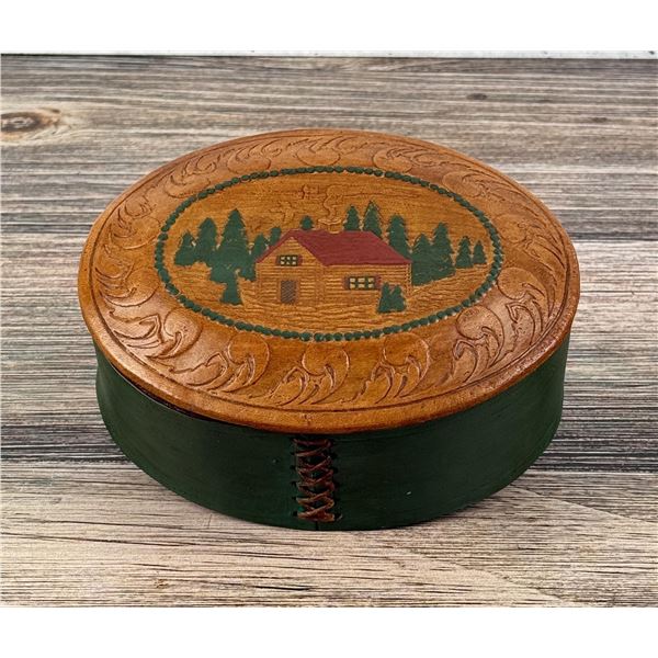 Folk Art Tooled Leather Log Cabin Box