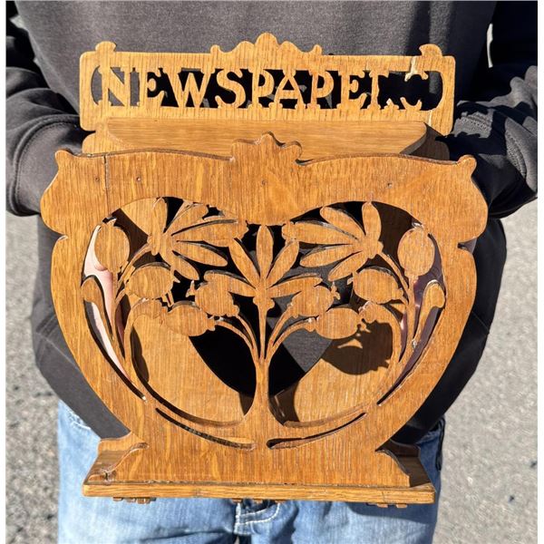Folk Art Carved Wood Newspaper Wall Shelf