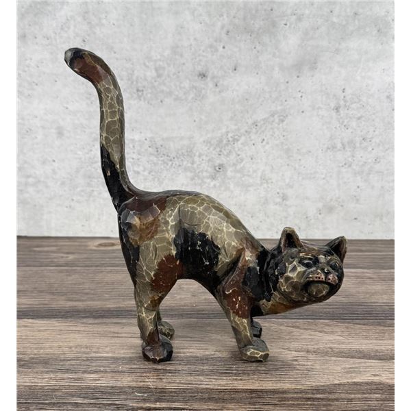 Folk Art Arched Cat Wood Carving